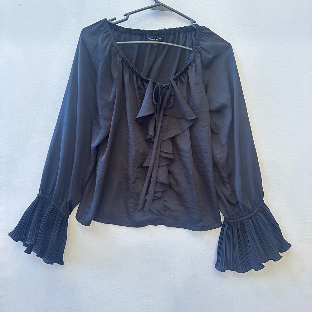 Nanette Lepore Black Ruffle Tie Neck Blouse Pleated Bell Sleeve Size 0 NYC
